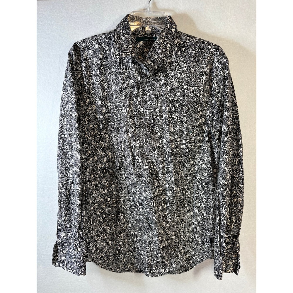 Perry Ellis Mens Black White Paisley Cotton Long Sleeve Button Down Shirt Size M